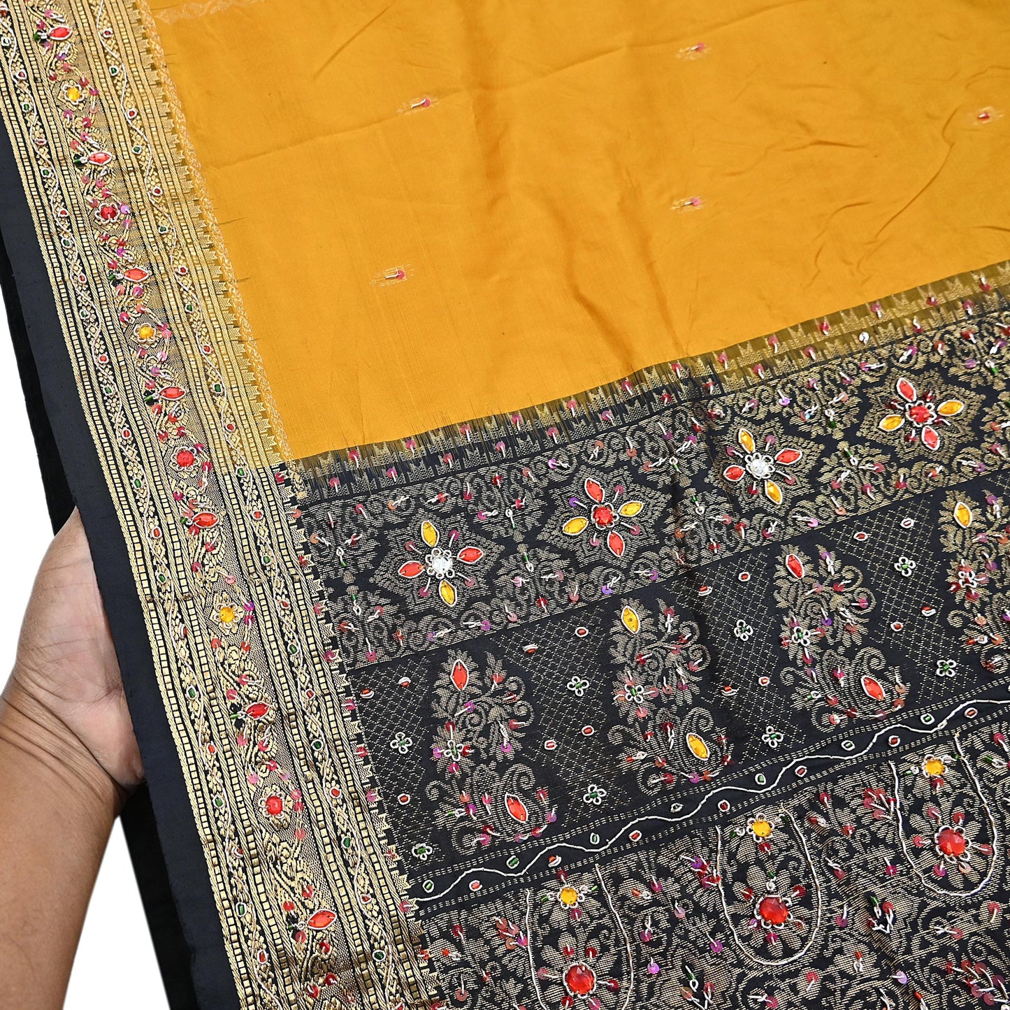 Indian Vintage Kanjivaram Saree Heavy Hand Embroidered Pure Silk Black & Yellow Bridal Fabric 5 Yards Dress Making Bollywood Sarees