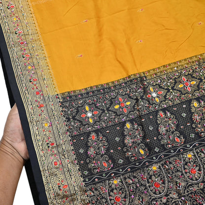 Indian Vintage Kanjivaram Saree Heavy Hand Embroidered Pure Silk Black & Yellow Bridal Fabric 5 Yards Dress Making Bollywood Sarees