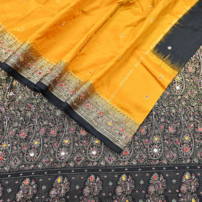 Indian Vintage Kanjivaram Saree Heavy Hand Embroidered Pure Silk Black & Yellow Bridal Fabric 5 Yards Dress Making Bollywood Sarees