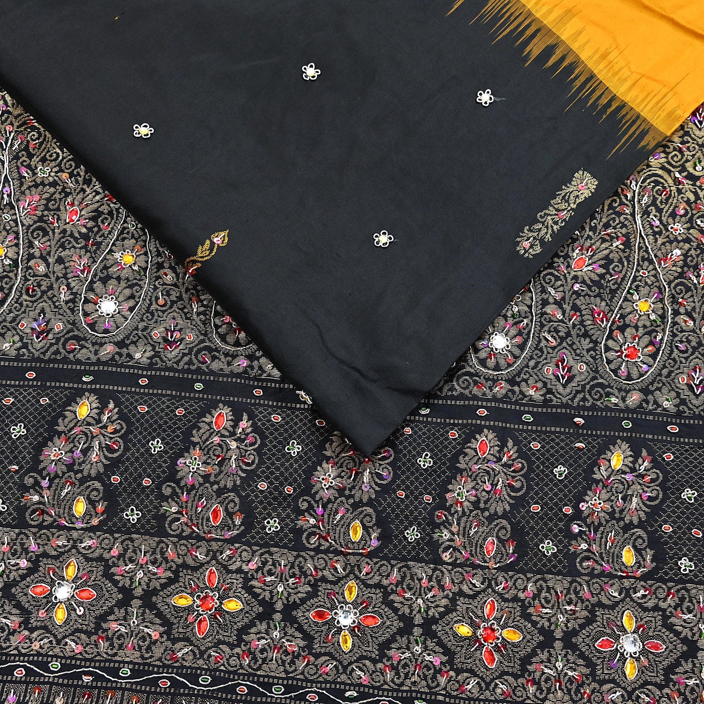 Indian Vintage Kanjivaram Saree Heavy Hand Embroidered Pure Silk Black & Yellow Bridal Fabric 5 Yards Dress Making Bollywood Sarees