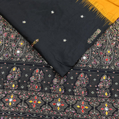 Indian Vintage Kanjivaram Saree Heavy Hand Embroidered Pure Silk Black & Yellow Bridal Fabric 5 Yards Dress Making Bollywood Sarees
