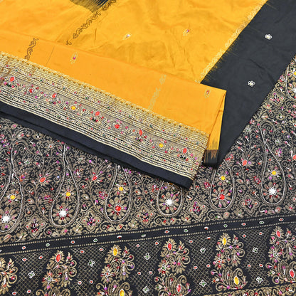 Indian Vintage Kanjivaram Saree Heavy Hand Embroidered Pure Silk Black & Yellow Bridal Fabric 5 Yards Dress Making Bollywood Sarees