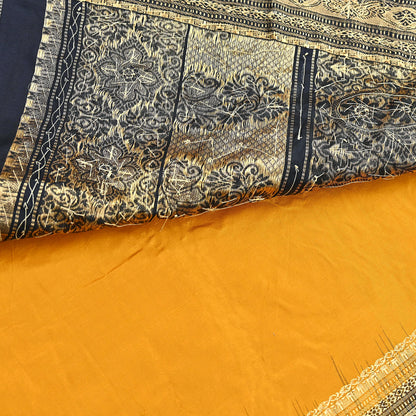 Indian Vintage Kanjivaram Saree Heavy Hand Embroidered Pure Silk Black & Yellow Bridal Fabric 5 Yards Dress Making Bollywood Sarees