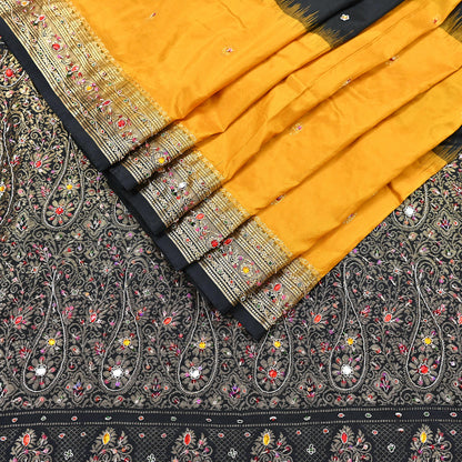 Indian Vintage Kanjivaram Saree Heavy Hand Embroidered Pure Silk Black & Yellow Bridal Fabric 5 Yards Dress Making Bollywood Sarees