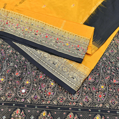 Indian Vintage Kanjivaram Saree Heavy Hand Embroidered Pure Silk Black & Yellow Bridal Fabric 5 Yards Dress Making Bollywood Sarees