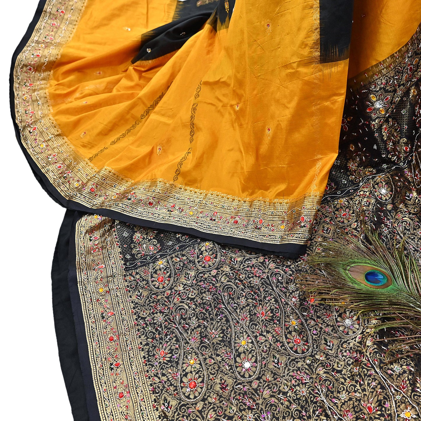 Indian Vintage Kanjivaram Saree Heavy Hand Embroidered Pure Silk Black & Yellow Bridal Fabric 5 Yards Dress Making Bollywood Sarees