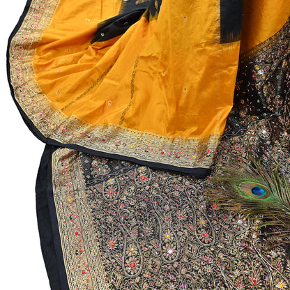 Indian Vintage Kanjivaram Saree Heavy Hand Embroidered Pure Silk Black & Yellow Bridal Fabric 5 Yards Dress Making Bollywood Sarees