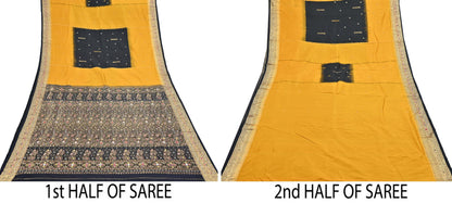 Indian Vintage Kanjivaram Saree Heavy Hand Embroidered Pure Silk Black & Yellow Bridal Fabric 5 Yards Dress Making Bollywood Sarees
