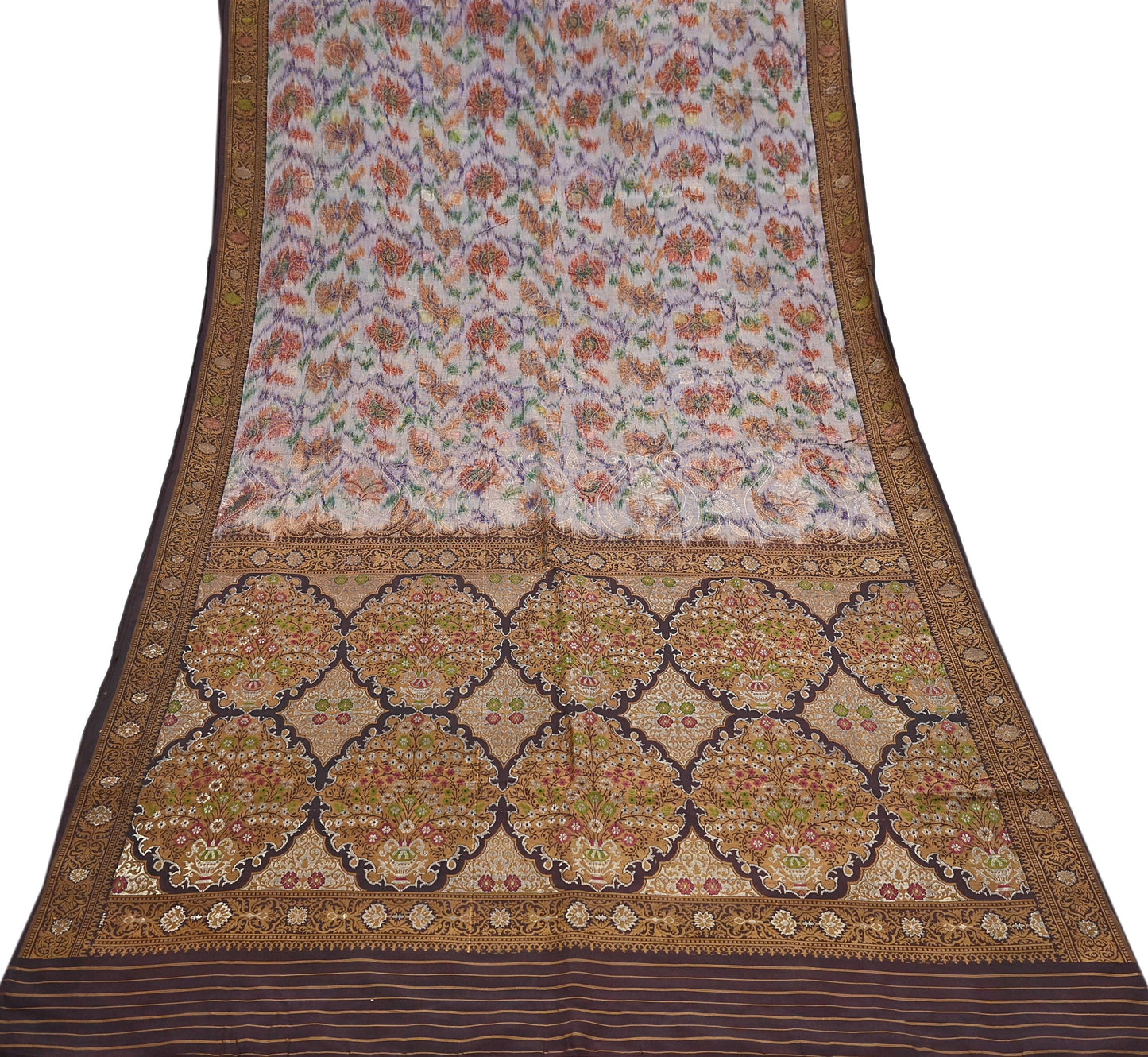 Indian Vintage Heavy Saree Brown & Multi 100% Pure Silk Hand Woven Ikat Sari Fabric 5Yard Ethnic Floral Soft Fabric zari
