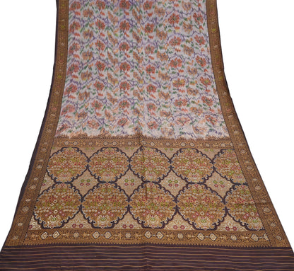 Indian Vintage Heavy Saree Brown & Multi 100% Pure Silk Hand Woven Ikat Sari Fabric 5Yard Ethnic Floral Soft Fabric zari