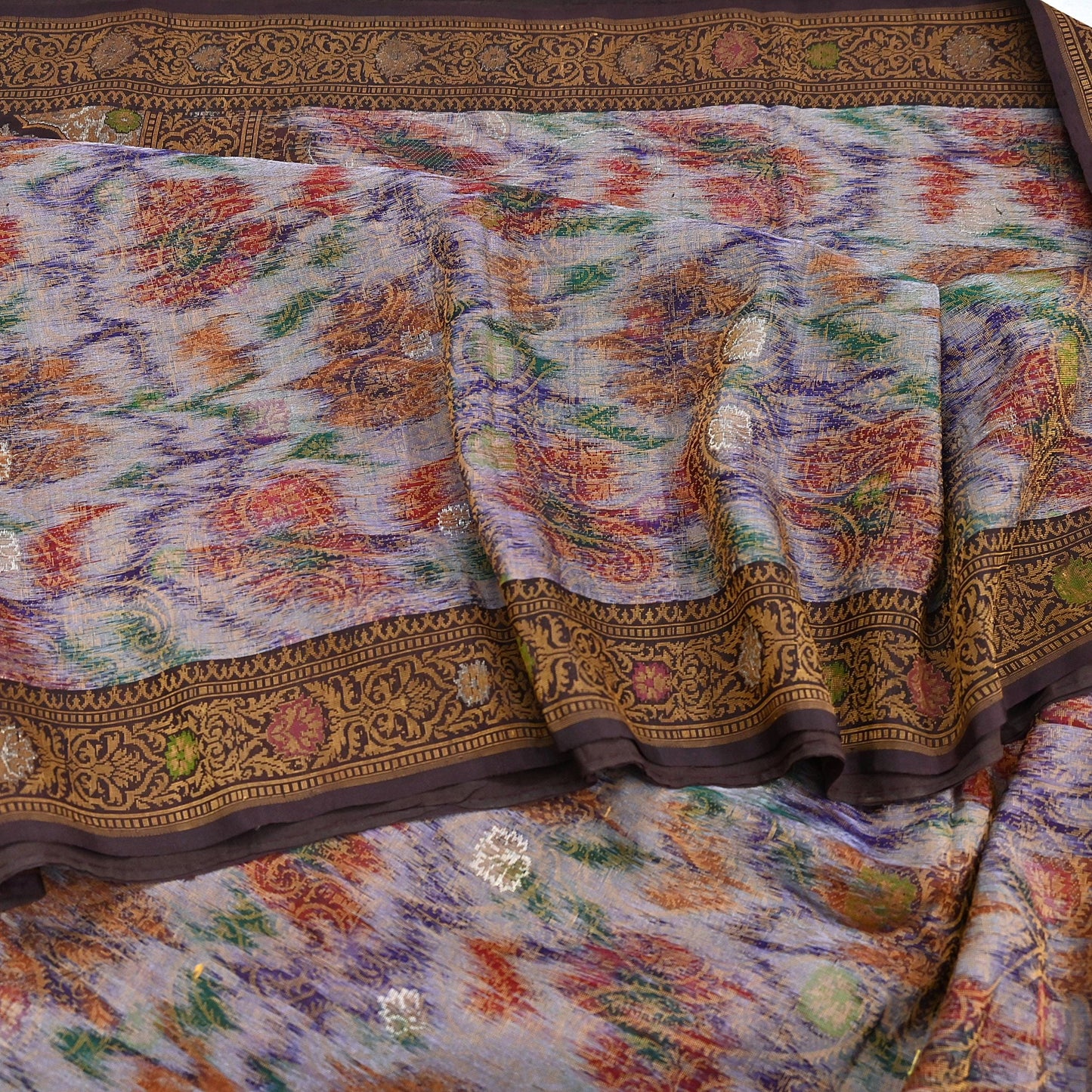 Indian Vintage Heavy Saree Brown & Multi 100% Pure Silk Hand Woven Ikat Sari Fabric 5Yard Ethnic Floral Soft Fabric zari