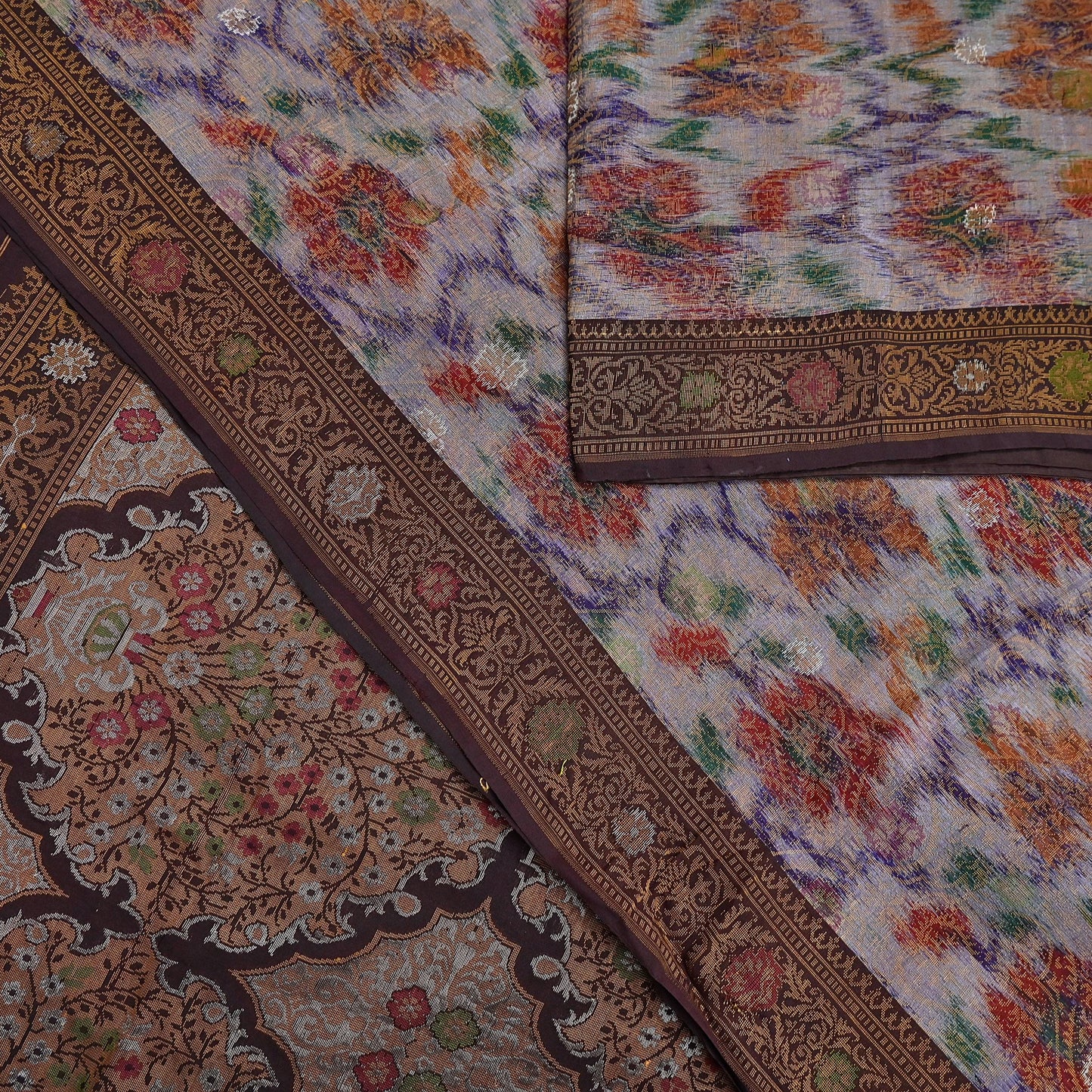 Indian Vintage Heavy Saree Brown & Multi 100% Pure Silk Hand Woven Ikat Sari Fabric 5Yard Ethnic Floral Soft Fabric zari