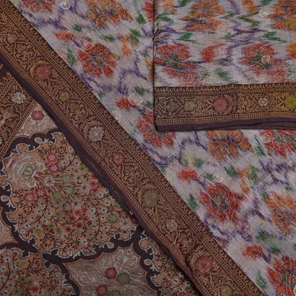 Indian Vintage Heavy Saree Brown & Multi 100% Pure Silk Hand Woven Ikat Sari Fabric 5Yard Ethnic Floral Soft Fabric zari