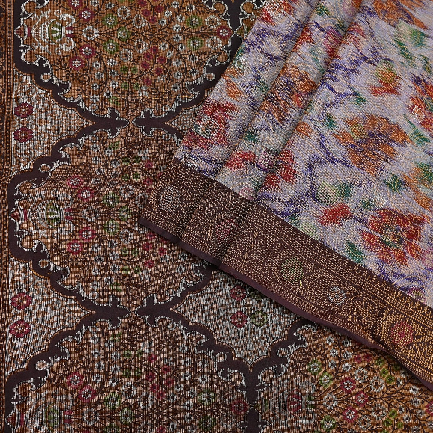 Indian Vintage Heavy Saree Brown & Multi 100% Pure Silk Hand Woven Ikat Sari Fabric 5Yard Ethnic Floral Soft Fabric zari