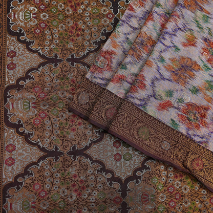 Indian Vintage Heavy Saree Brown & Multi 100% Pure Silk Hand Woven Ikat Sari Fabric 5Yard Ethnic Floral Soft Fabric zari