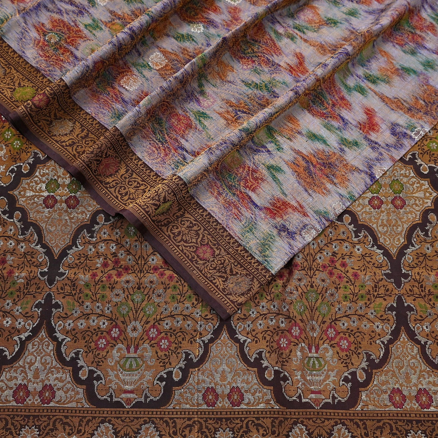 Indian Vintage Heavy Saree Brown & Multi 100% Pure Silk Hand Woven Ikat Sari Fabric 5Yard Ethnic Floral Soft Fabric zari