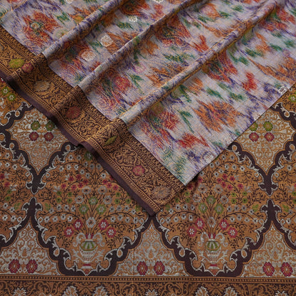 Indian Vintage Heavy Saree Brown & Multi 100% Pure Silk Hand Woven Ikat Sari Fabric 5Yard Ethnic Floral Soft Fabric zari