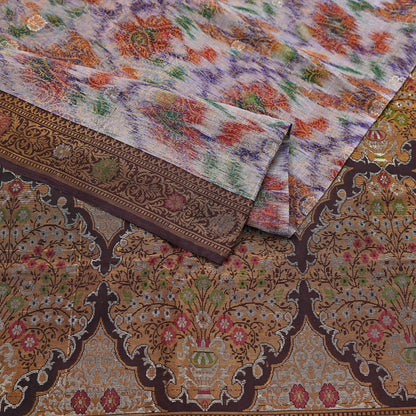 Indian Vintage Heavy Saree Brown & Multi 100% Pure Silk Hand Woven Ikat Sari Fabric 5Yard Ethnic Floral Soft Fabric zari