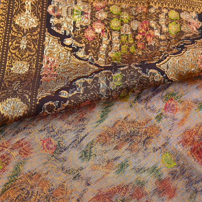 Indian Vintage Heavy Saree Brown & Multi 100% Pure Silk Hand Woven Ikat Sari Fabric 5Yard Ethnic Floral Soft Fabric zari