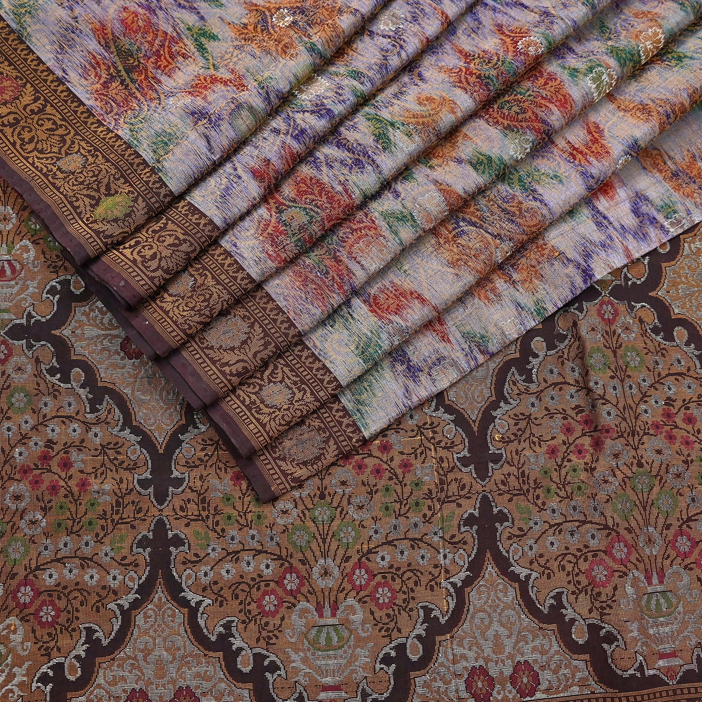 Indian Vintage Heavy Saree Brown & Multi 100% Pure Silk Hand Woven Ikat Sari Fabric 5Yard Ethnic Floral Soft Fabric zari