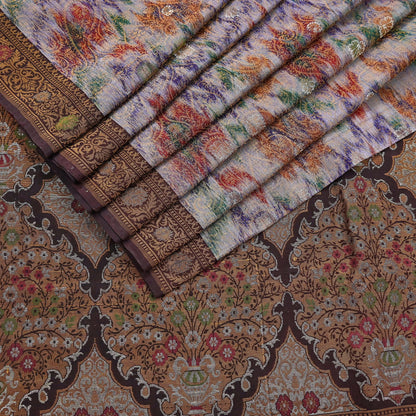 Indian Vintage Heavy Saree Brown & Multi 100% Pure Silk Hand Woven Ikat Sari Fabric 5Yard Ethnic Floral Soft Fabric zari