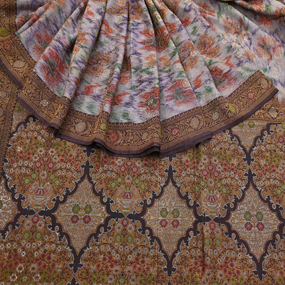 Indian Vintage Heavy Saree Brown & Multi 100% Pure Silk Hand Woven Ikat Sari Fabric 5Yard Ethnic Floral Soft Fabric zari