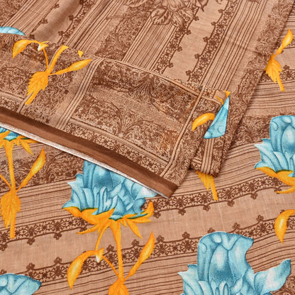 Indian Vintage Sari Brown Printed 100% Pure Cotton Saree Craft Fabric 5Yd Soft Sewing Sarong Wrap Boho Dress Making Quilting