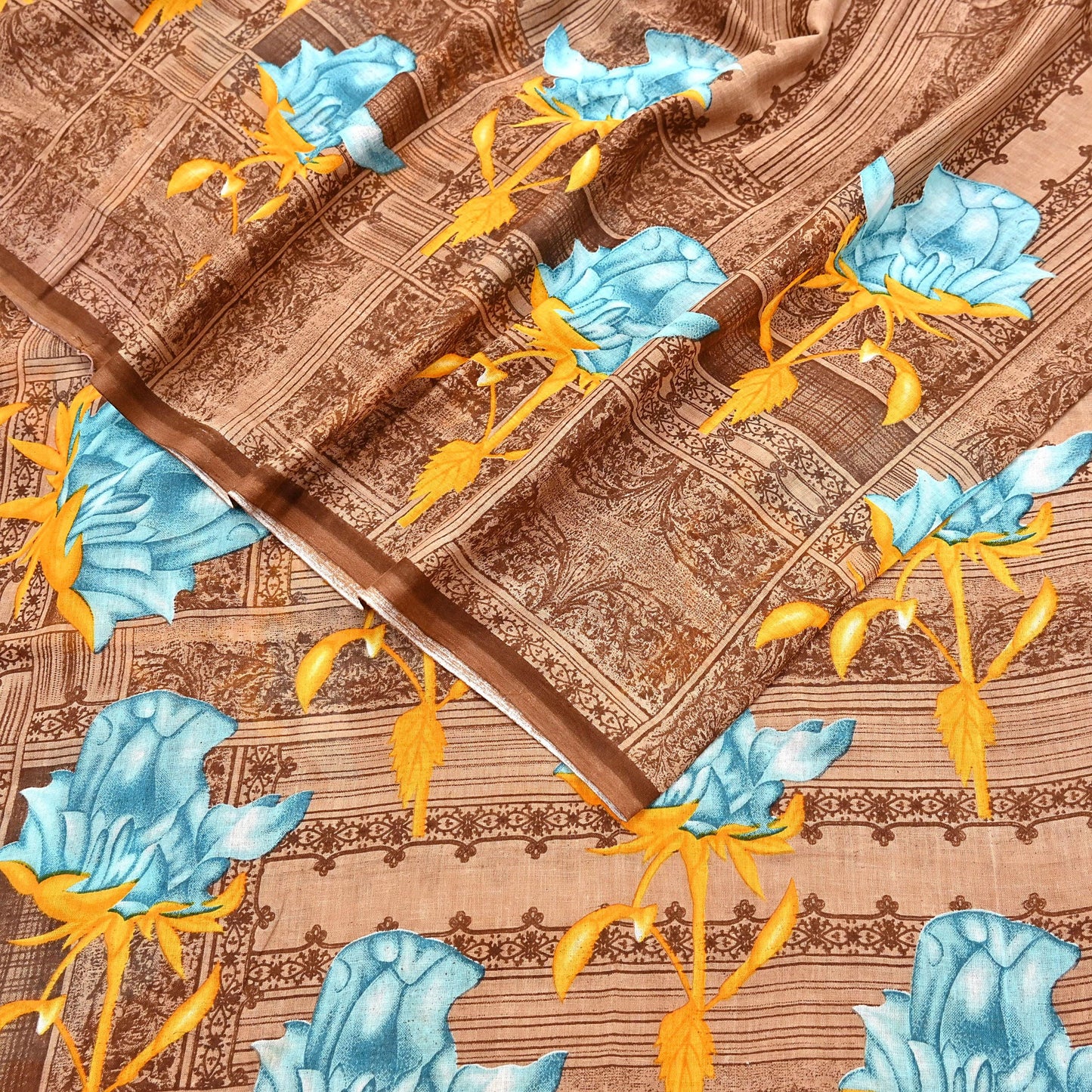 Indian Vintage Sari Brown Printed 100% Pure Cotton Saree Craft Fabric 5Yd Soft Sewing Sarong Wrap Boho Dress Making Quilting