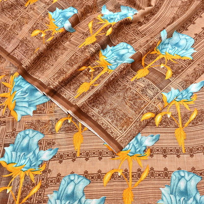 Indian Vintage Sari Brown Printed 100% Pure Cotton Saree Craft Fabric 5Yd Soft Sewing Sarong Wrap Boho Dress Making Quilting