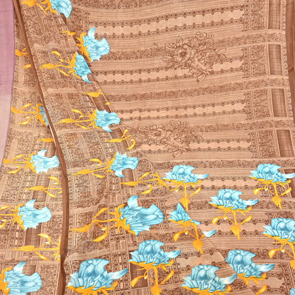 Indian Vintage Sari Brown Printed 100% Pure Cotton Saree Craft Fabric 5Yd Soft Sewing Sarong Wrap Boho Dress Making Quilting