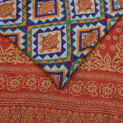 Indian Vintage Sari Red & Multi Printed 100% Pure Cotton Sarees Craft Fabric 5Yd Sewing Sarong Wrap Boho Floral Dress Making Crafting Soft