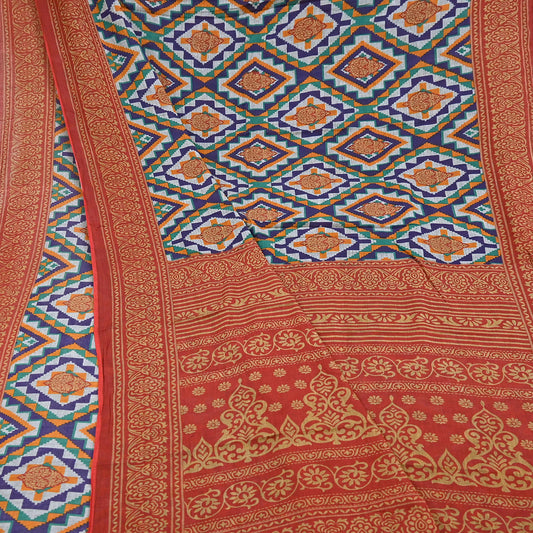 Indian Vintage Sari Red & Multi Printed 100% Pure Cotton Sarees Craft Fabric 5Yd Sewing Sarong Wrap Boho Floral Dress Making Crafting Soft