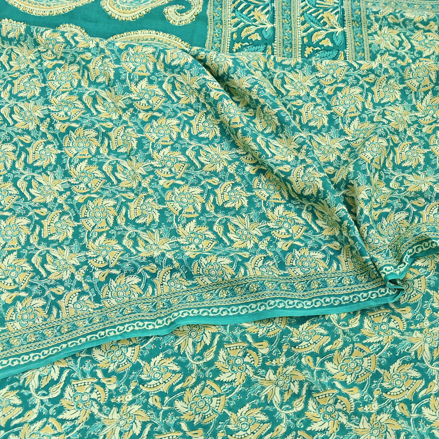 Indian Vintage Green Sarees Pure Cotton Block Printed Sari 5yd Sewing Craft Fabric DressMaking Soft Crafting Quilting Upcycle