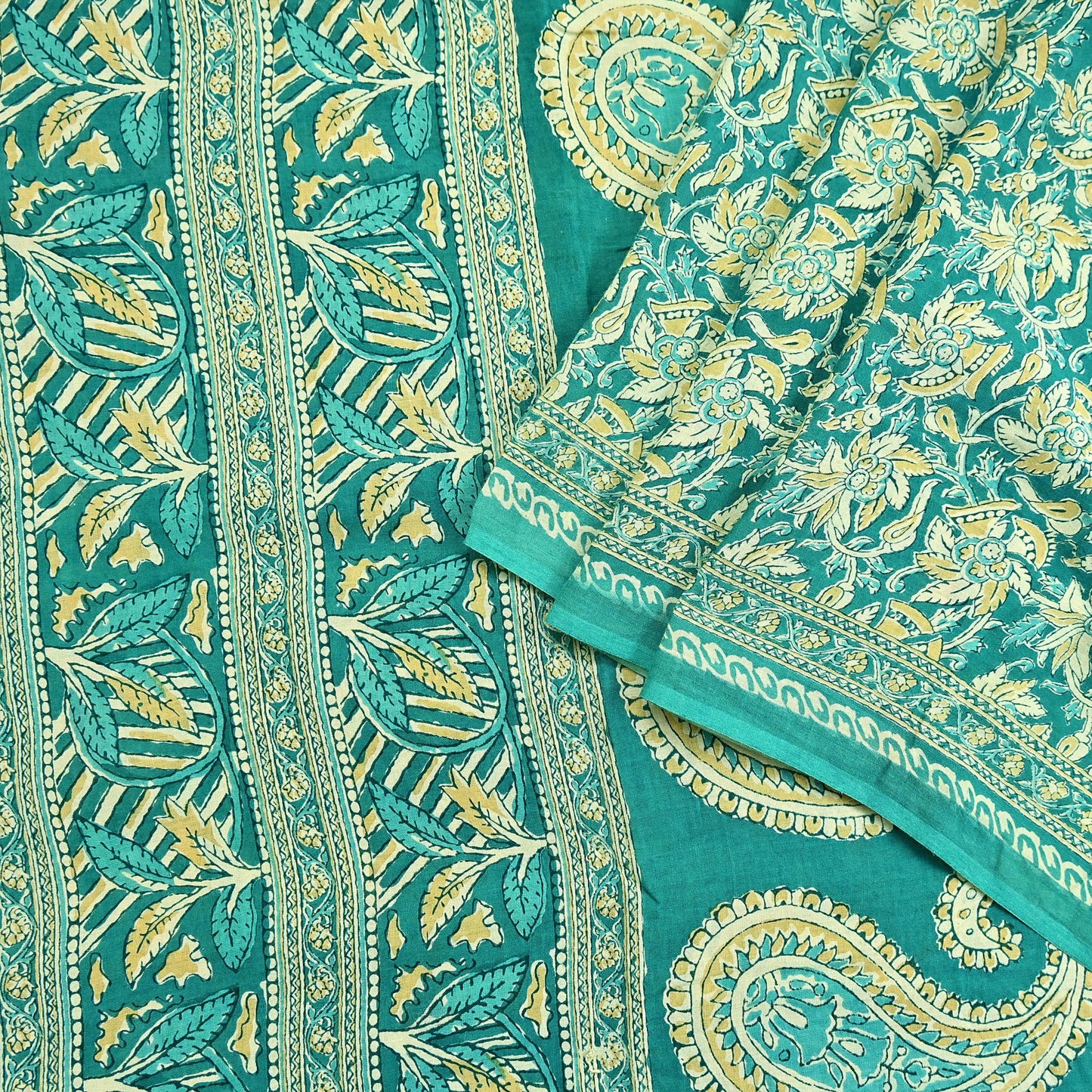 Indian Vintage Green Sarees Pure Cotton Block Printed Sari 5yd Sewing Craft Fabric DressMaking Soft Crafting Quilting Upcycle