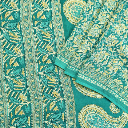 Indian Vintage Green Sarees Pure Cotton Block Printed Sari 5yd Sewing Craft Fabric DressMaking Soft Crafting Quilting Upcycle