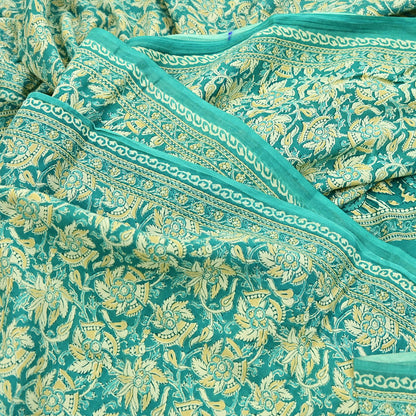 Indian Vintage Green Sarees Pure Cotton Block Printed Sari 5yd Sewing Craft Fabric DressMaking Soft Crafting Quilting Upcycle