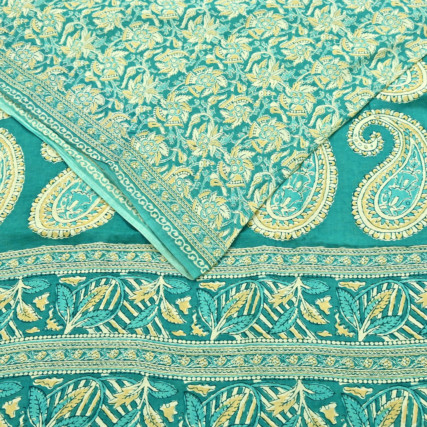 Indian Vintage Green Sarees Pure Cotton Block Printed Sari 5yd Sewing Craft Fabric DressMaking Soft Crafting Quilting Upcycle