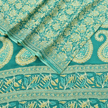 Indian Vintage Green Sarees Pure Cotton Block Printed Sari 5yd Sewing Craft Fabric DressMaking Soft Crafting Quilting Upcycle