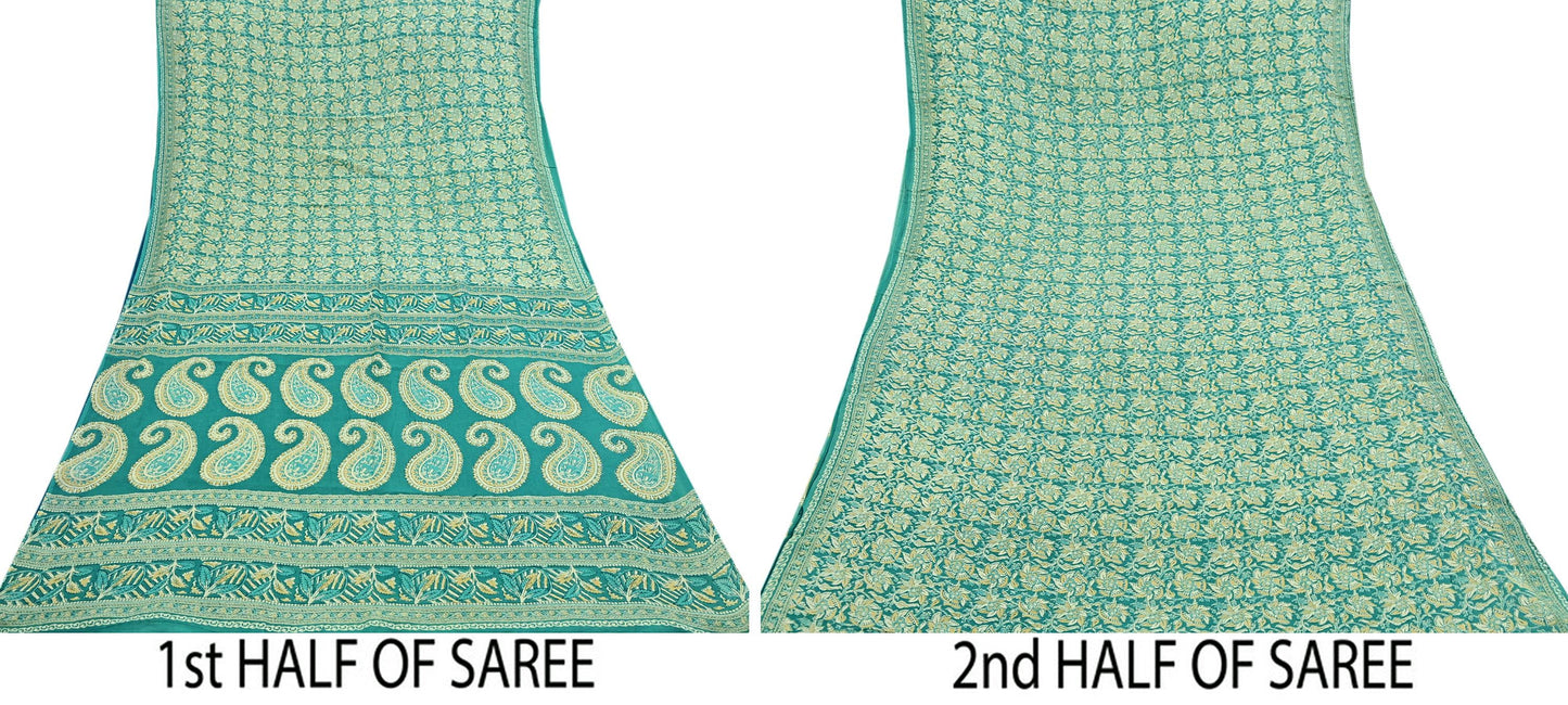 Indian Vintage Green Sarees Pure Cotton Block Printed Sari 5yd Sewing Craft Fabric DressMaking Soft Crafting Quilting Upcycle