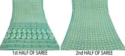 Indian Vintage Green Sarees Pure Cotton Block Printed Sari 5yd Sewing Craft Fabric DressMaking Soft Crafting Quilting Upcycle