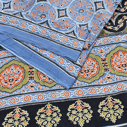 Indian Vintage Sari Blue & Black pure cotton Ajrakh Print Saree 6Yd Fabric Floral Soft Ethnic Upcycle Crafting Dress making