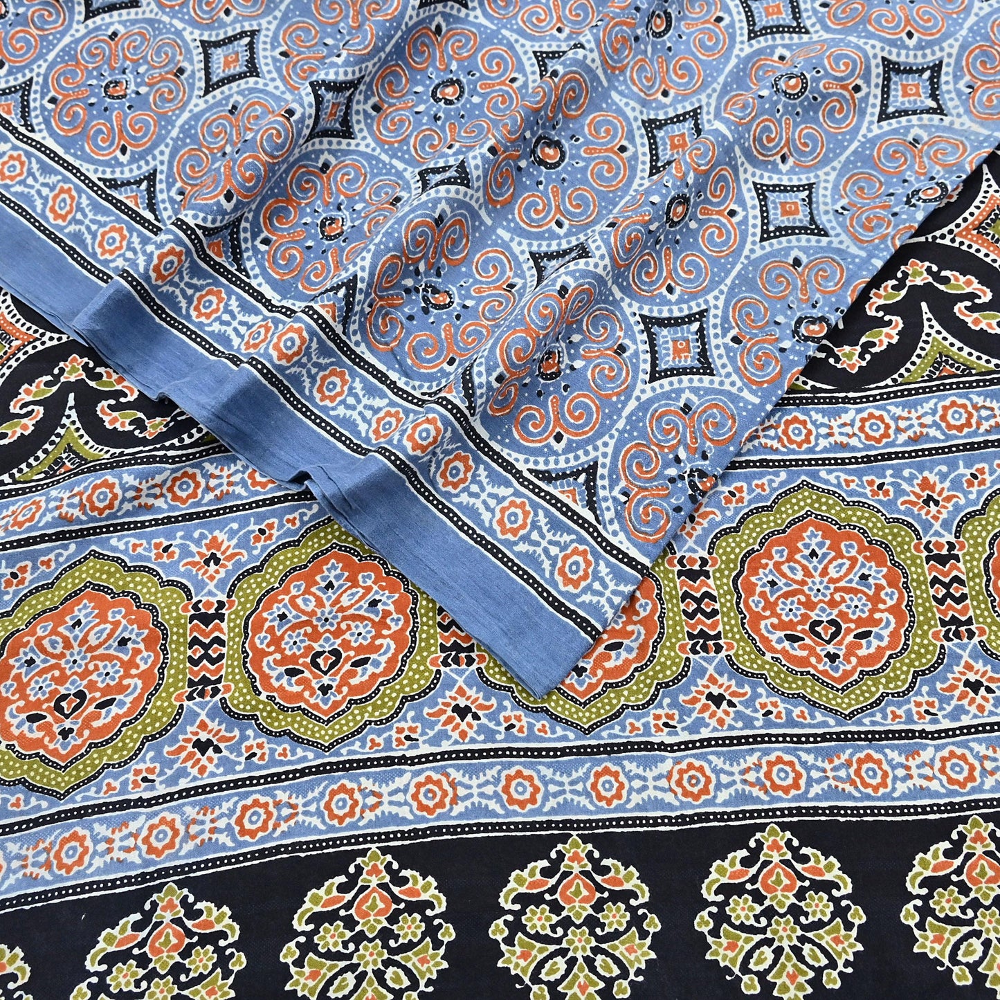Indian Vintage Sari Blue & Black pure cotton Ajrakh Print Saree 6Yd Fabric Floral Soft Ethnic Upcycle Crafting Dress making