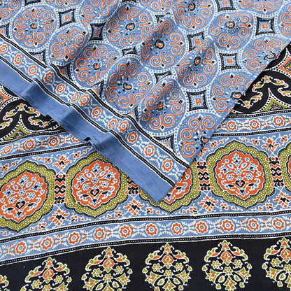 Indian Vintage Sari Blue & Black pure cotton Ajrakh Print Saree 6Yd Fabric Floral Soft Ethnic Upcycle Crafting Dress making