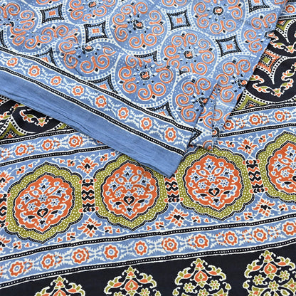 Indian Vintage Sari Blue & Black pure cotton Ajrakh Print Saree 6Yd Fabric Floral Soft Ethnic Upcycle Crafting Dress making
