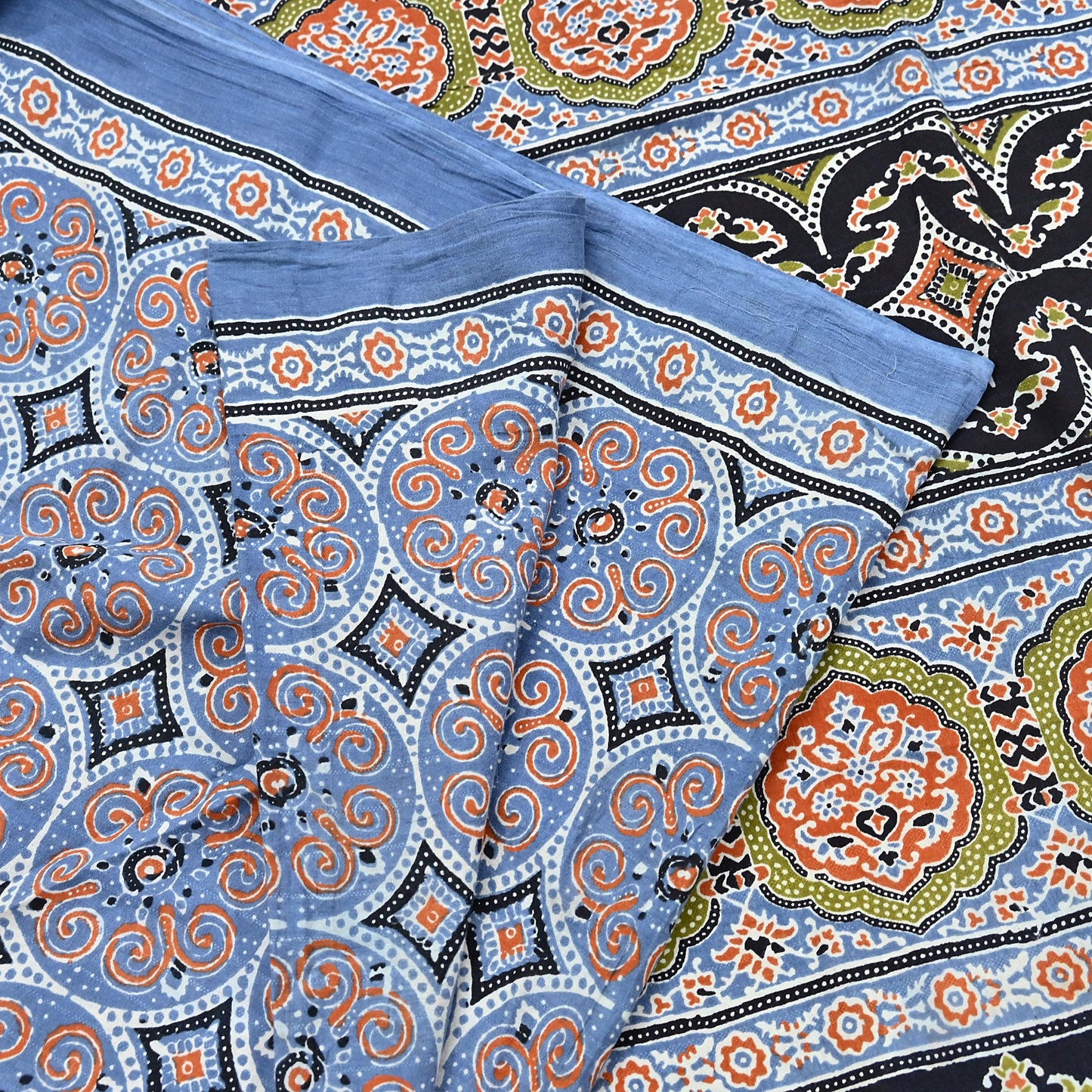 Indian Vintage Sari Blue & Black pure cotton Ajrakh Print Saree 6Yd Fabric Floral Soft Ethnic Upcycle Crafting Dress making
