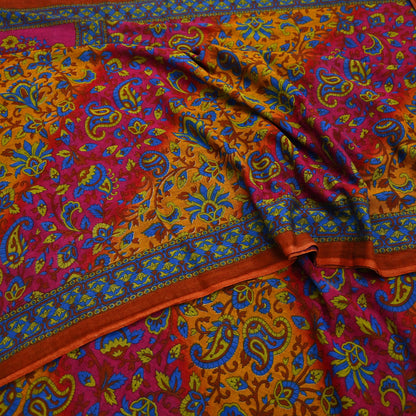 Indian Vintage Sari Pink & Mustard Pure Cotton Printed Sarees Craft Fabric Soft 5Yd Sarong Wrap Boho Fabric Kimono Quilting Crafting Upcycle