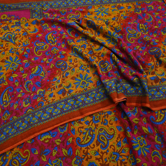 Indian Vintage Sari Pink & Mustard Pure Cotton Printed Sarees Craft Fabric Soft 5Yd Sarong Wrap Boho Fabric Kimono Quilting Crafting Upcycle