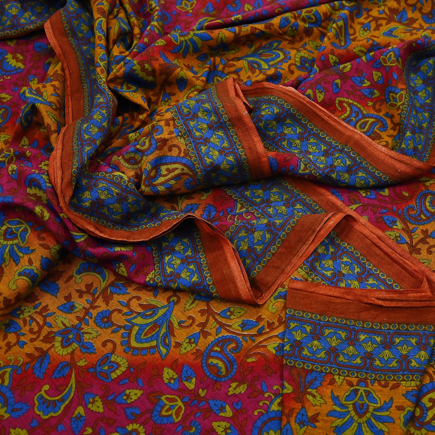 Indian Vintage Sari Pink & Mustard Pure Cotton Printed Sarees Craft Fabric Soft 5Yd Sarong Wrap Boho Fabric Kimono Quilting Crafting Upcycle