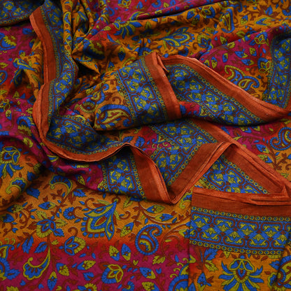 Indian Vintage Sari Pink & Mustard Pure Cotton Printed Sarees Craft Fabric Soft 5Yd Sarong Wrap Boho Fabric Kimono Quilting Crafting Upcycle