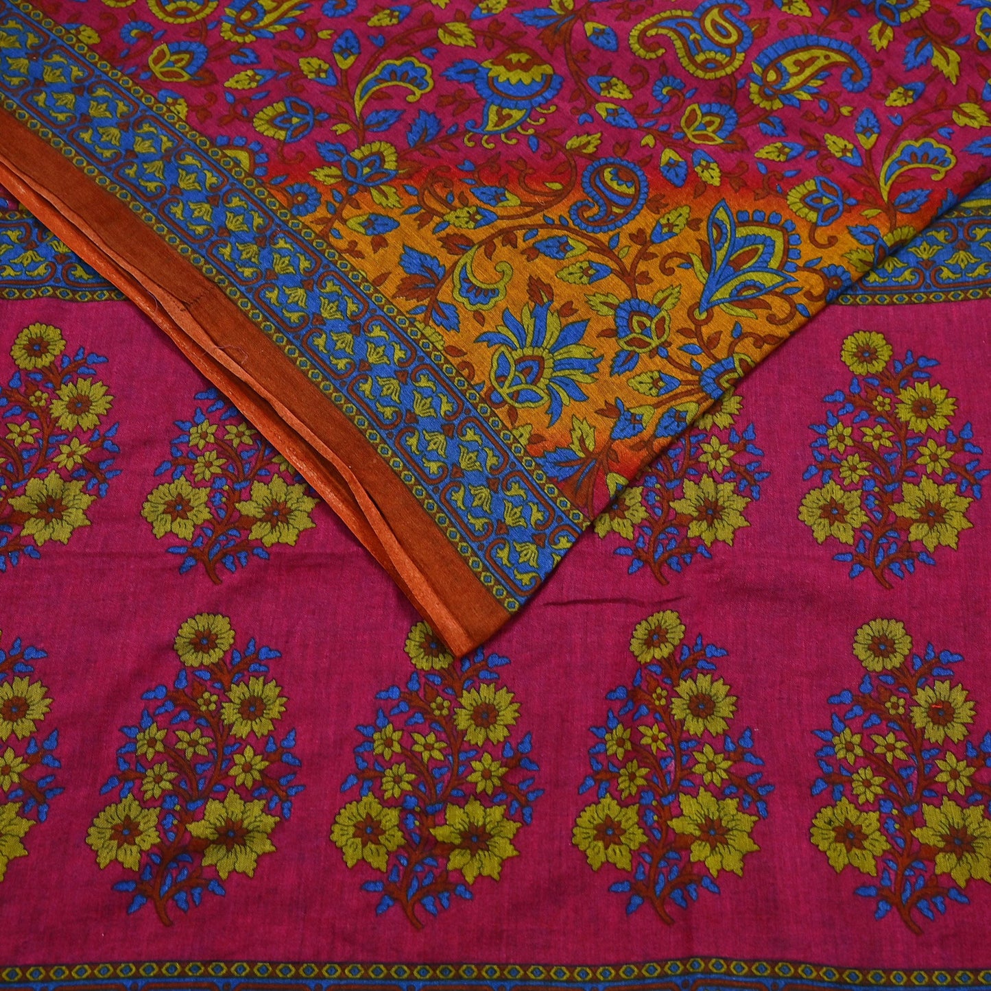 Indian Vintage Sari Pink & Mustard Pure Cotton Printed Sarees Craft Fabric Soft 5Yd Sarong Wrap Boho Fabric Kimono Quilting Crafting Upcycle